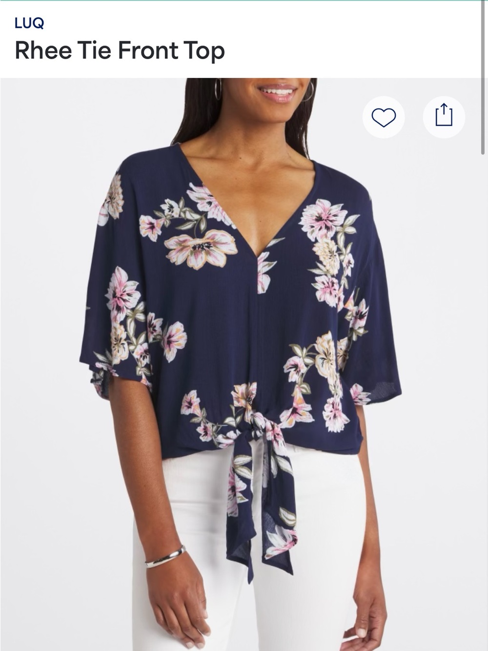 LUQ Floral Tie-Front Crop Top - Navy